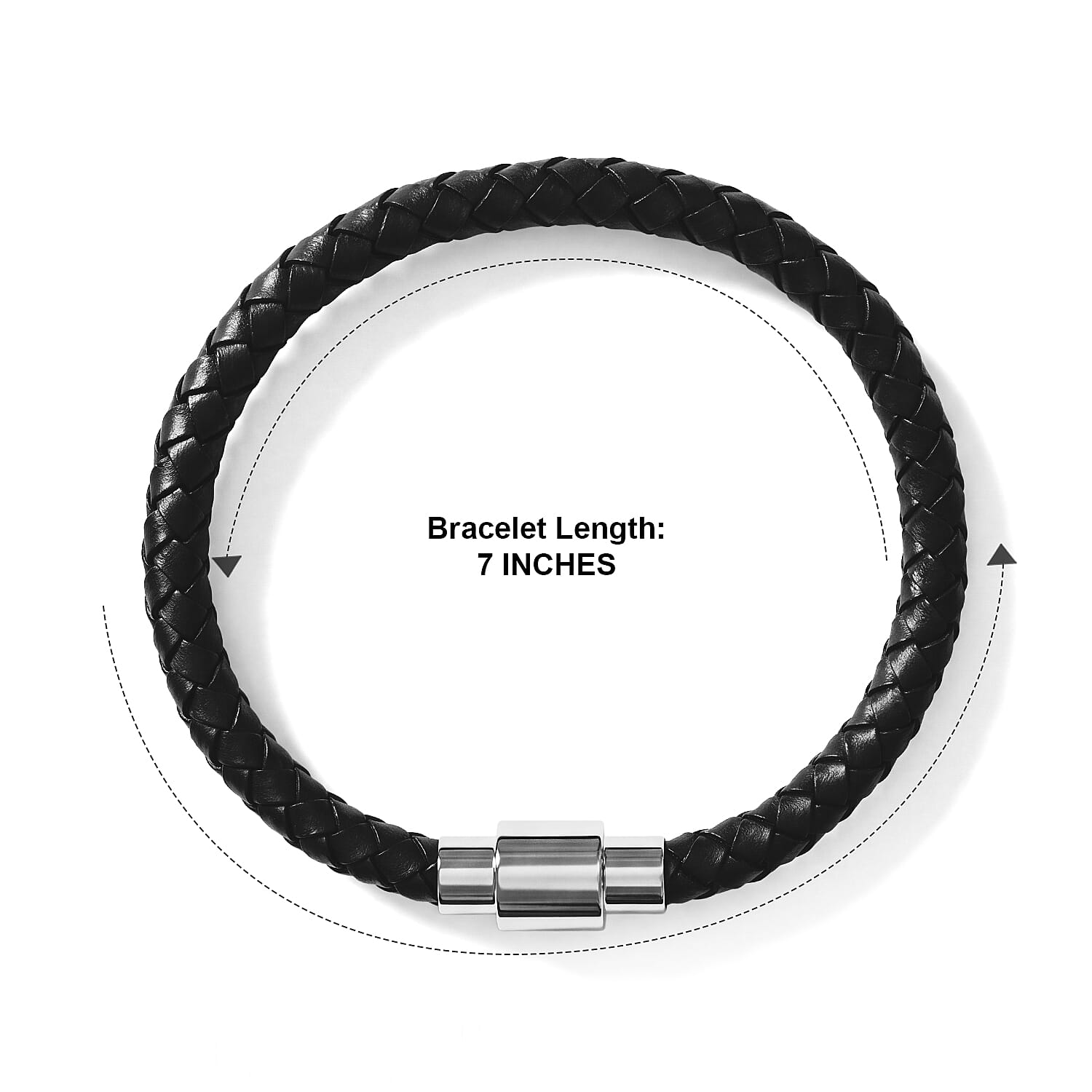 Magnetic Lock Black Leather Bracelet in Silvertone (7.00 In)
