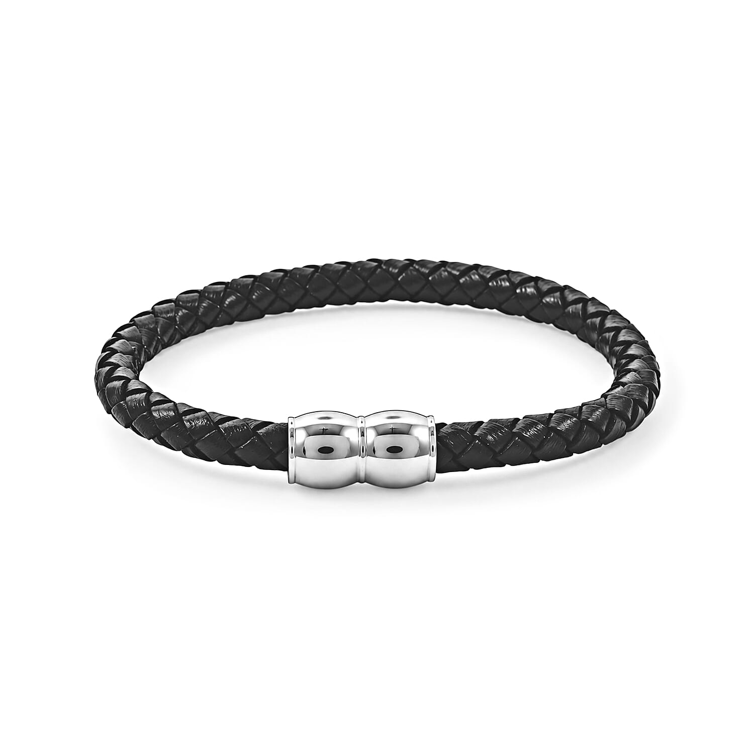 Magnetic Lock Black Leather Bracelet in Silvertone (7.00 In)