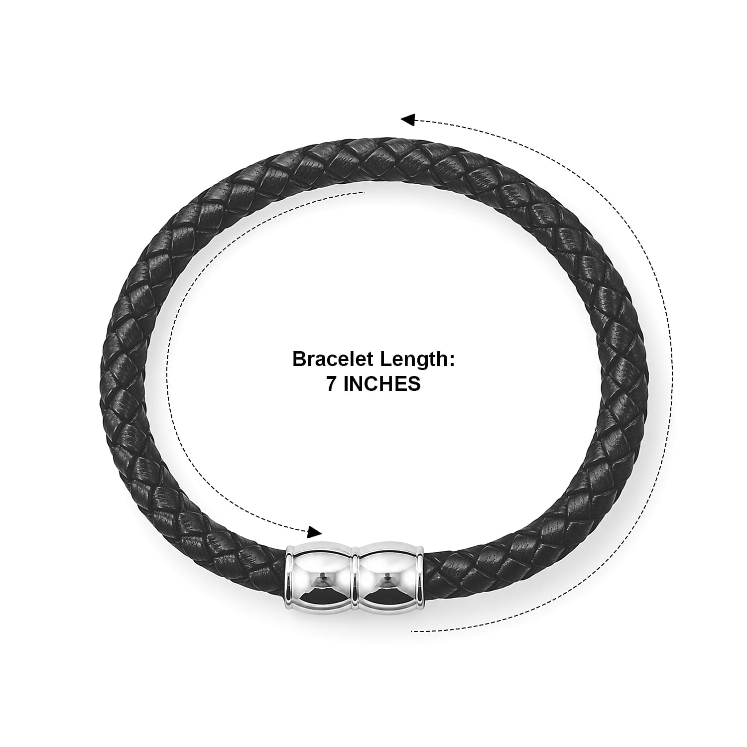 Magnetic Lock Black Leather Bracelet in Silvertone (7.00 In)