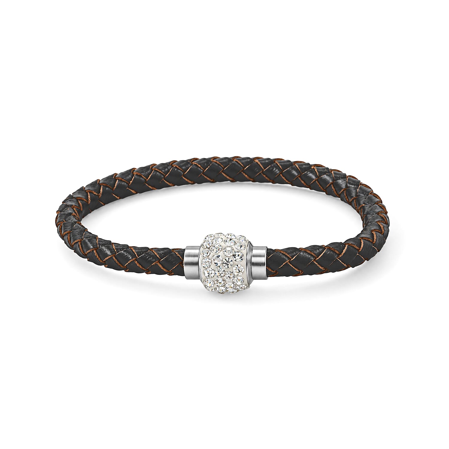 Magnetic Lock White Crystal Brown Leather Bracelet in Silvertone (7.00 In)