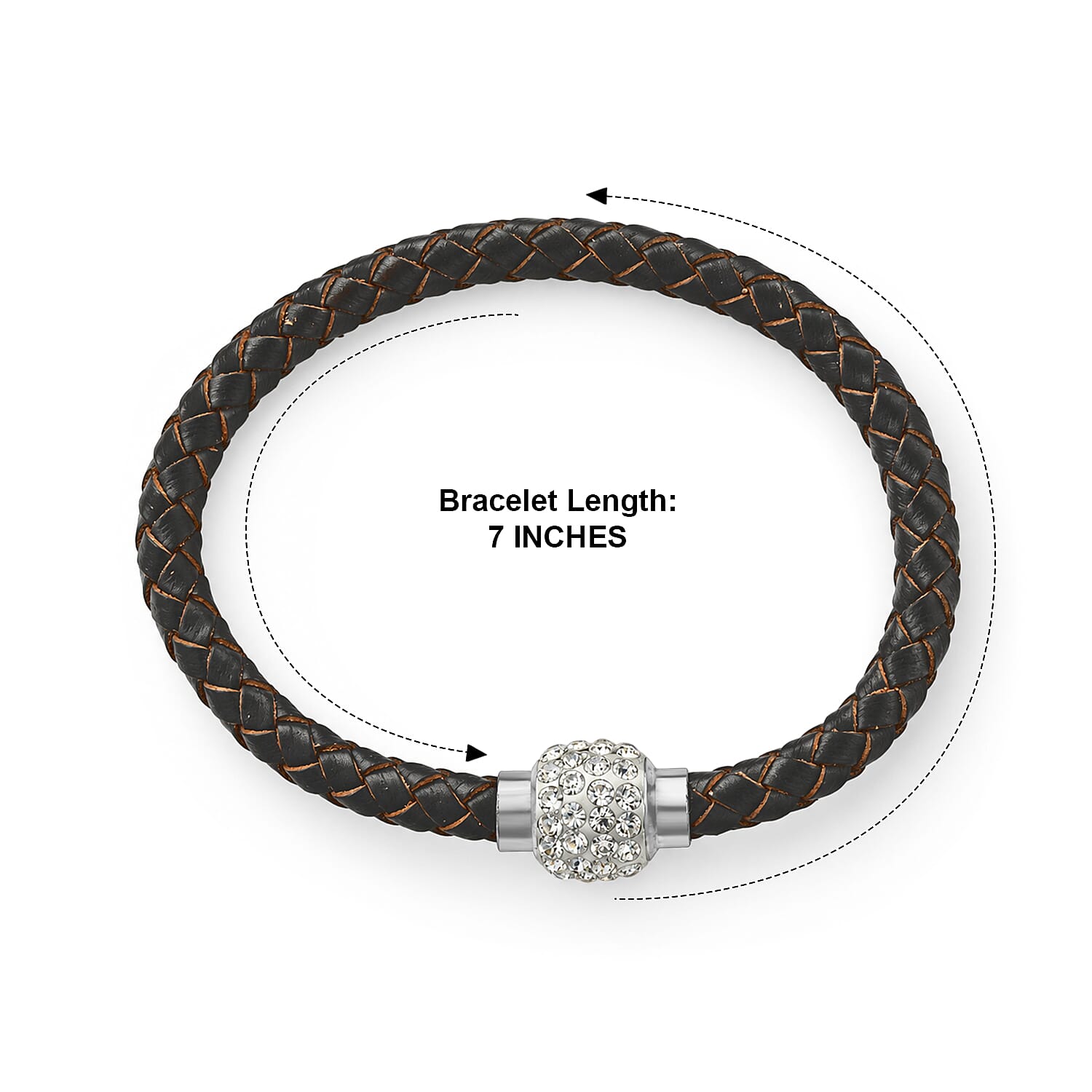 Magnetic Lock White Crystal Brown Leather Bracelet in Silvertone (7.00 In)