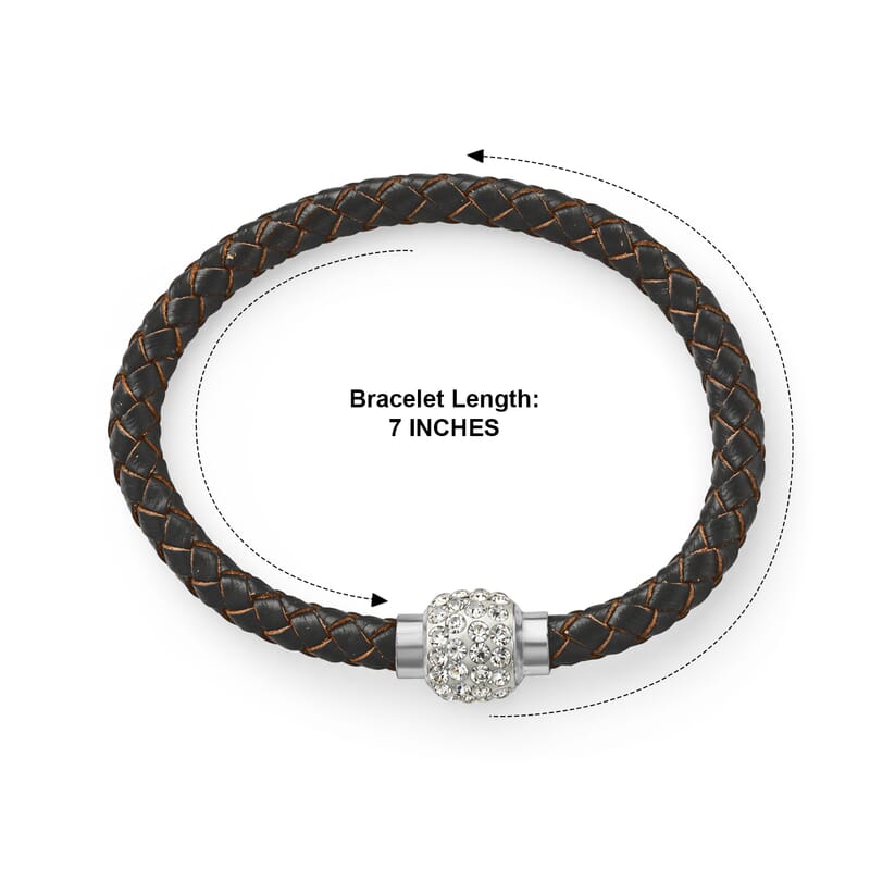 Magnetic Lock White Crystal Brown Leather Bracelet in Silvertone (7.00 In)
