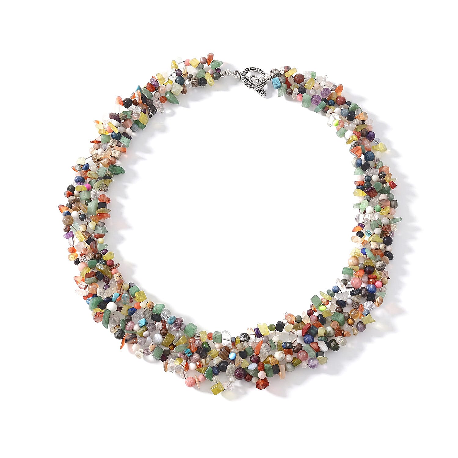 Assorted Multi Gemstone Fiber Optic Chips in Necklace (20 Inches) in Silvertone 665.00 ctw