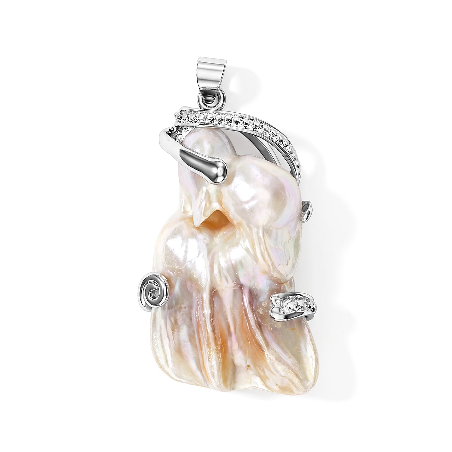 Freshwater Pearl Wire Wrapped Pendant without Chain in Silvertone