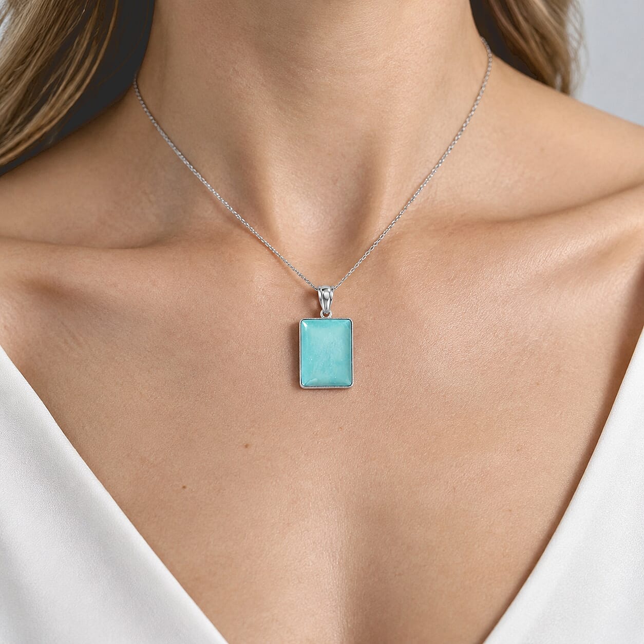 Amazonite 95.00 ctw Rectangle Pendant without Chain in Silvertone