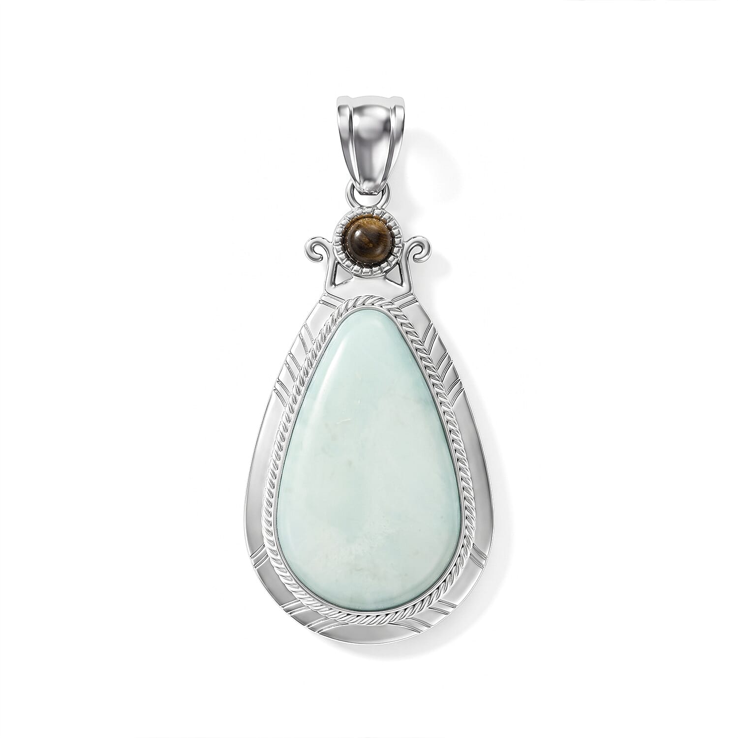 Amazonite 30.00 ctw Feather Pendant without Chain in Silvertone (Center Stone Varies)