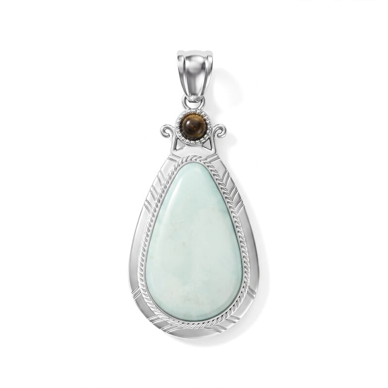 Amazonite 30.00 ctw Feather Pendant without Chain in Silvertone (Center Stone Varies)