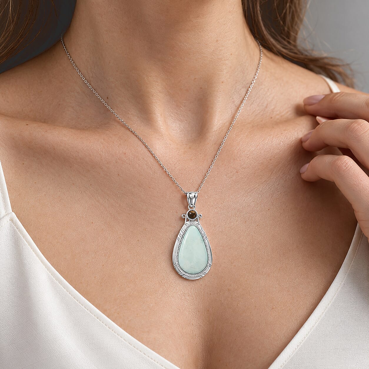 Amazonite 30.00 ctw Feather Pendant without Chain in Silvertone (Center Stone Varies)