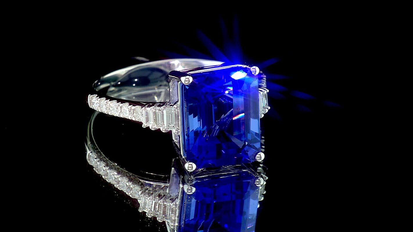 Certified & Appraised Rhapsody 950 Platinum AAAA Tanzanite, Diamond (E-F, VS) (0.42 cts) Ring (Size 10.0) (5.96 g) 5.50 ctw