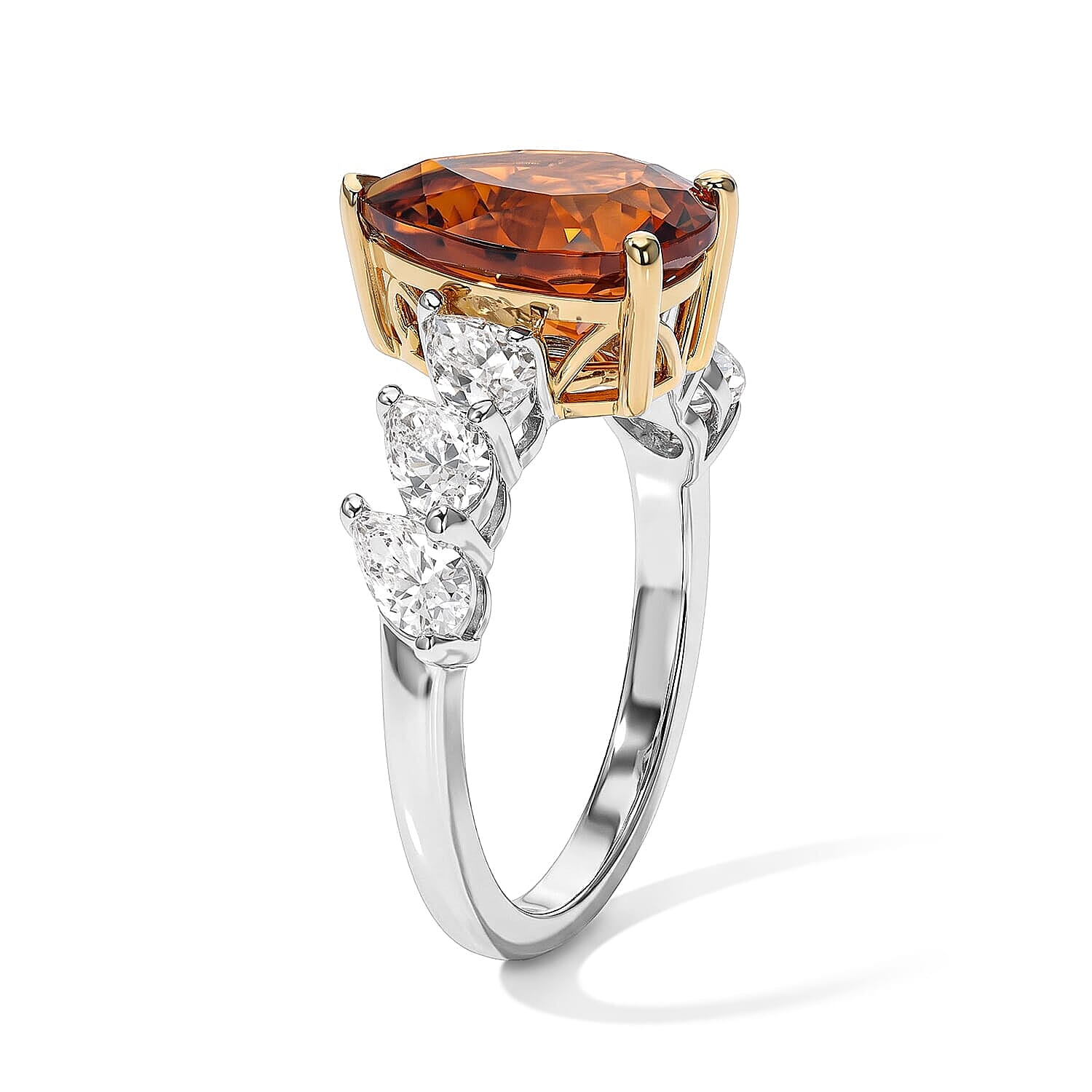 D'Joy Premium Red Citrine and Moissanite 3.90 ctw Jasmine Link Ring in 18K Vermeil YG and Rhodium Over Sterling Silver (Size 6.0)