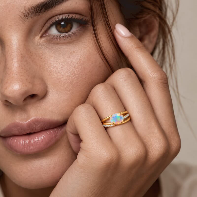 D'Joy Premium Ethiopian Welo Opal and White Zircon 1.00 ctw Ring in 18K Vermeil Yellow Gold Over Sterling Silver (Size 5.0)