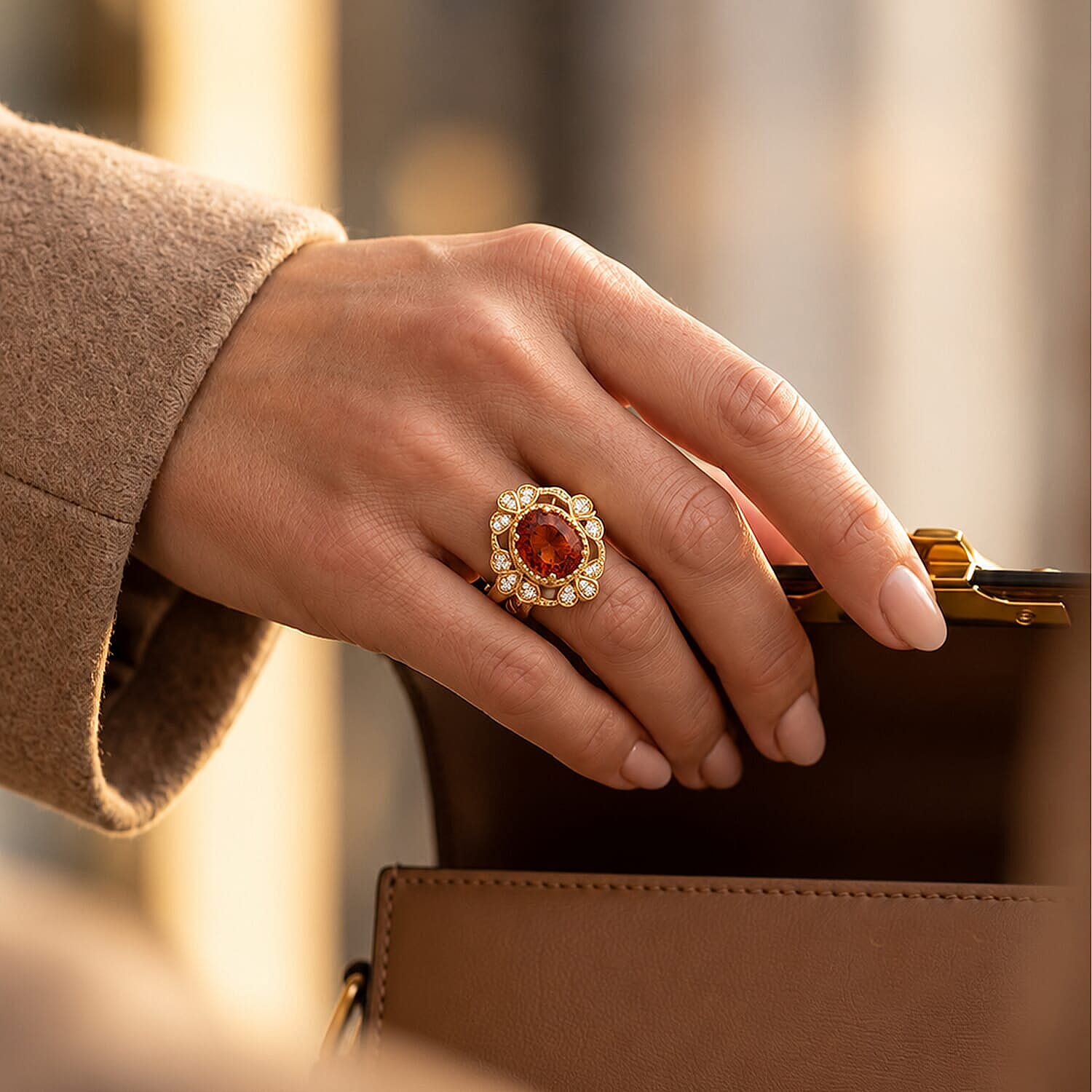EverTrue Premium Red Citrine and Moissanite 2.70 ctw Sprout Halo Ring in 18K YG Plated (Size 5.0)
