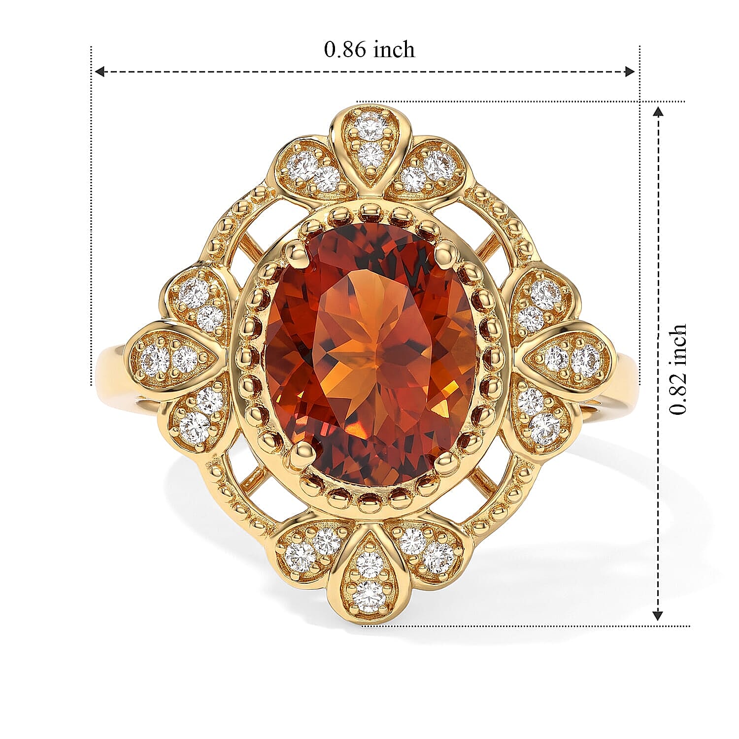 EverTrue Premium Red Citrine and Moissanite 2.70 ctw Sprout Halo Ring in 18K YG Plated (Size 5.0)