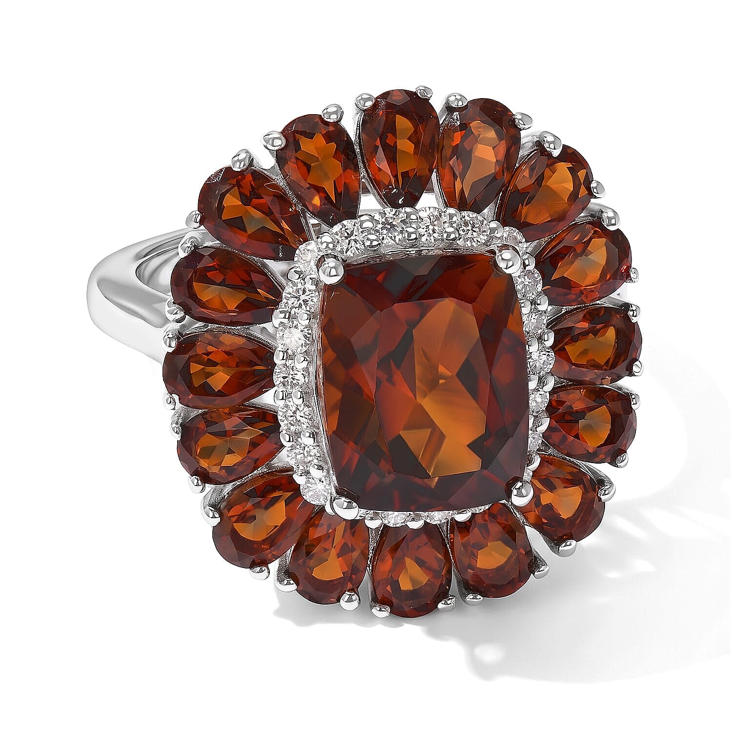 D'Joy Premium Red Citrine and Moissanite 6.65 ctw Scarlet Cascade Ring in Rhodium Over Sterling Silver (Size 6.0)