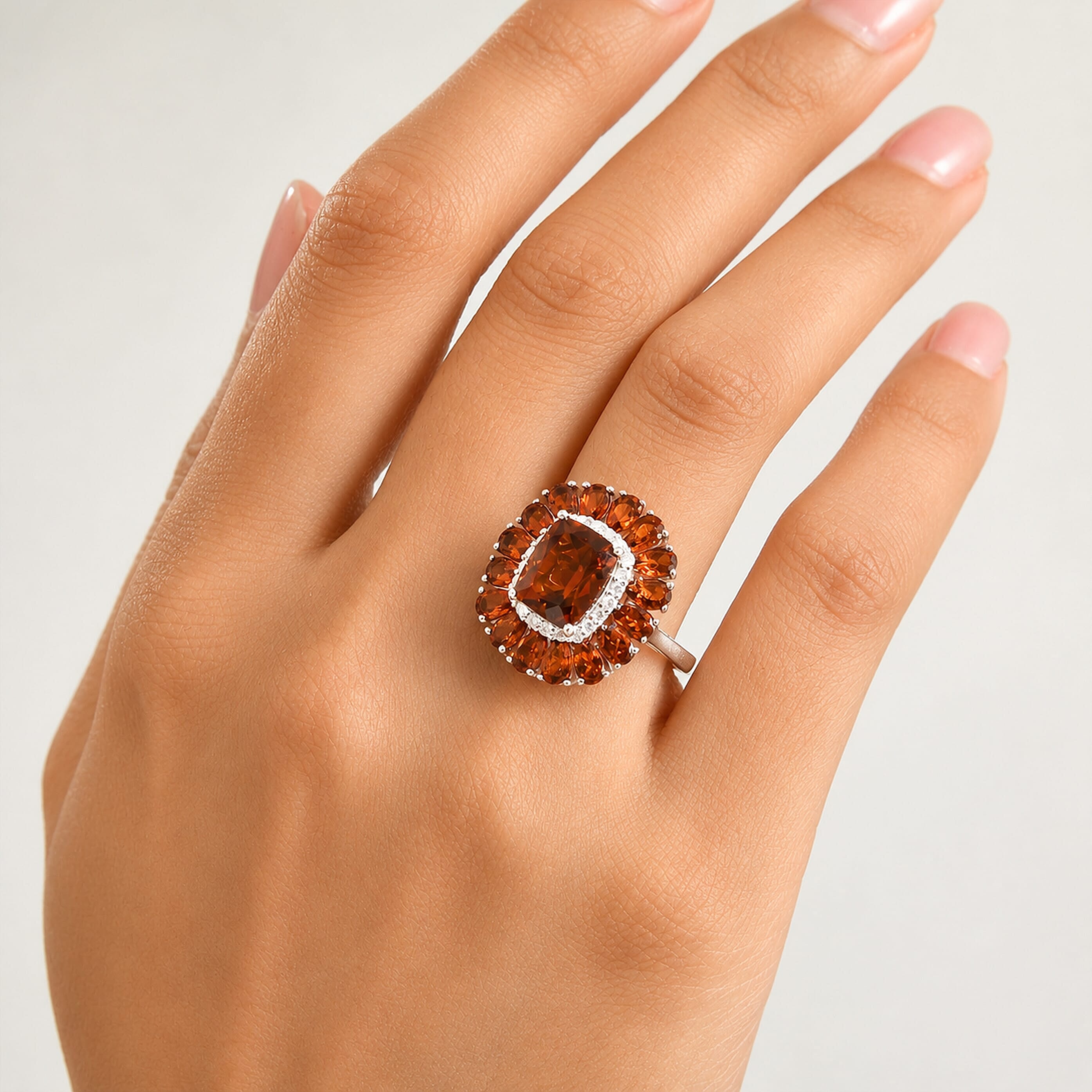D'Joy Premium Red Citrine and Moissanite 6.65 ctw Scarlet Cascade Ring in Rhodium Over Sterling Silver (Size 6.0)