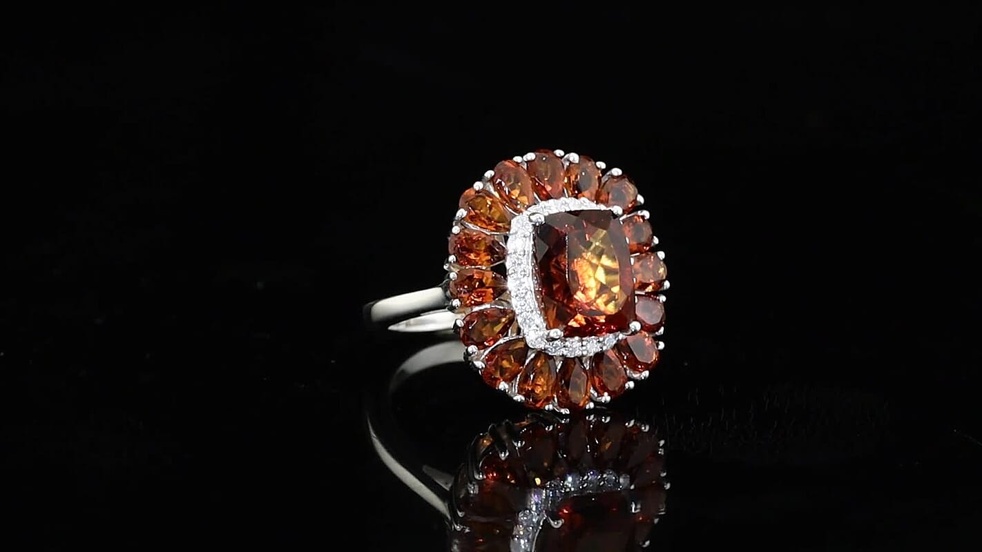 D''Joy Premium Red Citrine, Moissanite Ring in Rhodium Over Sterling Silver (Size 10.0) 6.65 ctw
