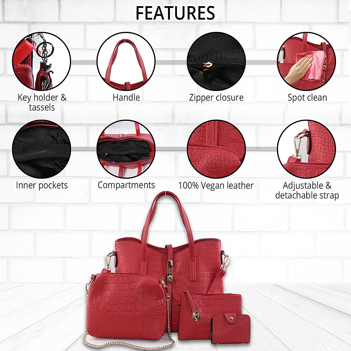 YOUZEY HARPER AND HYPE Designer Closeout Set of 4 Wine Croco Embossed Vegan Leather Satchel, Crossbody Bag ,Wristlet, Card Case image number 1