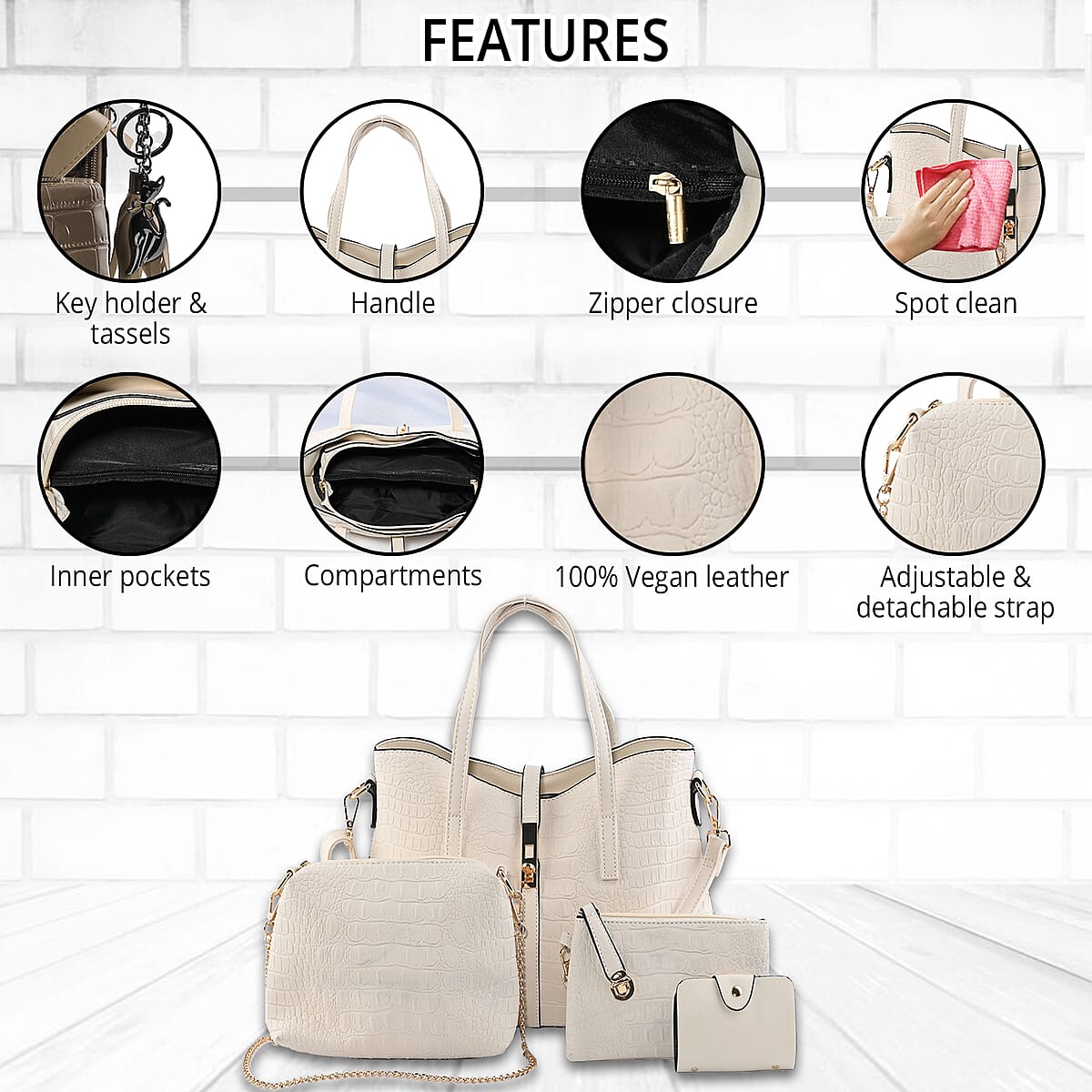 HARPER AND HYDE Designer Closeout Set of 4 White Croco Embossed Vegan Leather Satchel, Crossbody Bag, Wristlet, Card Case image number 1