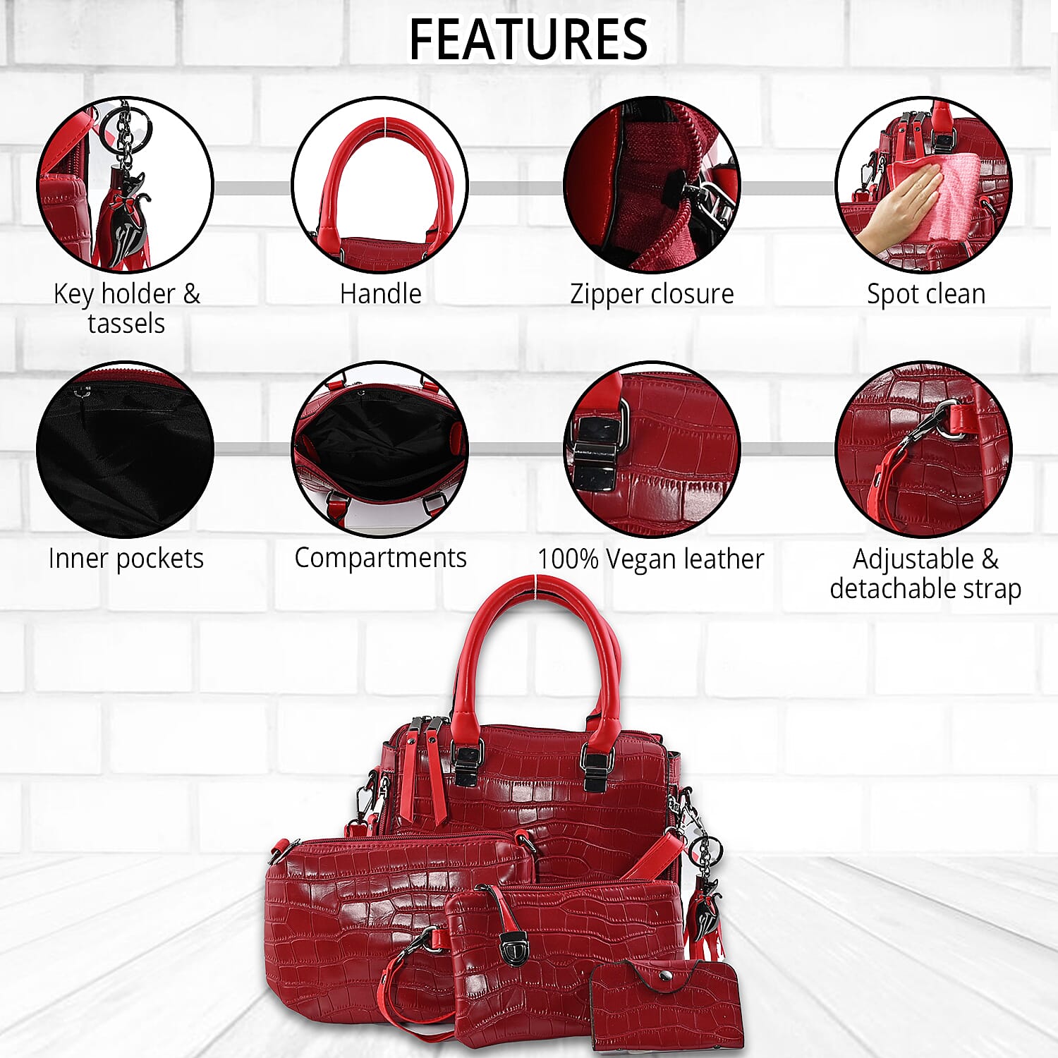 HARPER AND HYDE Designer Closeout Set of 4 Wine Croco Embossed Vegan Leather Tote, Crossbody Bag, Wristlet, Card Case