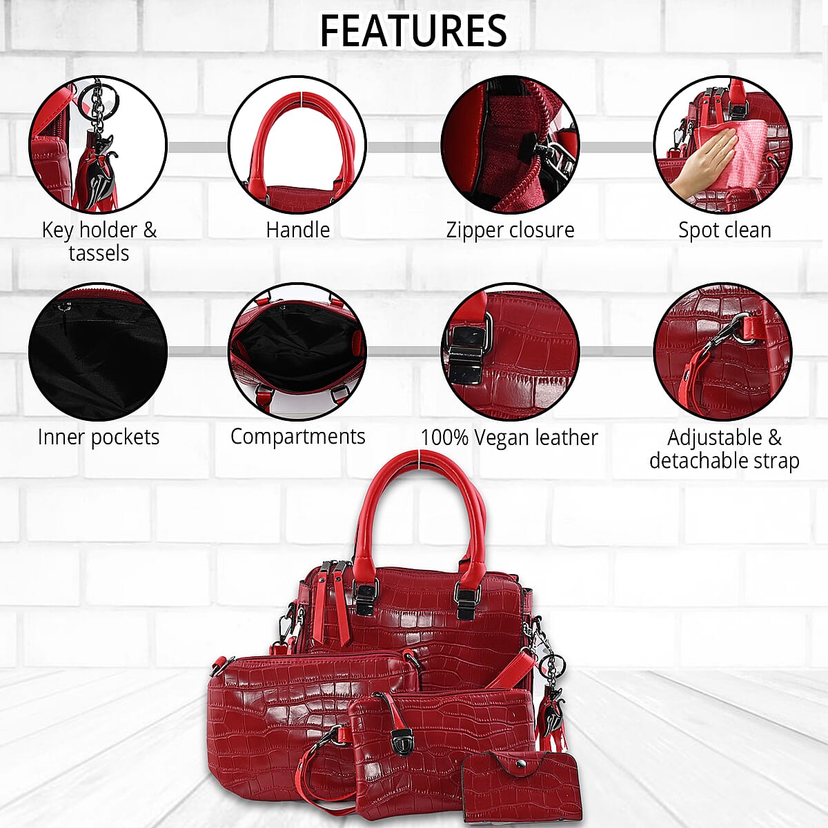 HARPER AND HYDE Designer Closeout Set of 4 Wine Croco Embossed Vegan Leather Tote, Crossbody Bag, Wristlet, Card Case image number 1