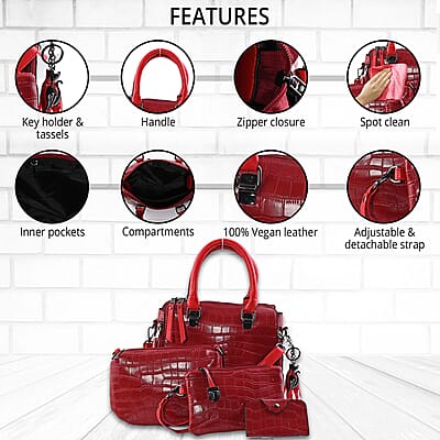 HARPER AND HYDE Designer Closeout Set of 4 Wine Croco Embossed Vegan Leather Tote, Crossbody Bag, Wristlet, Card Case