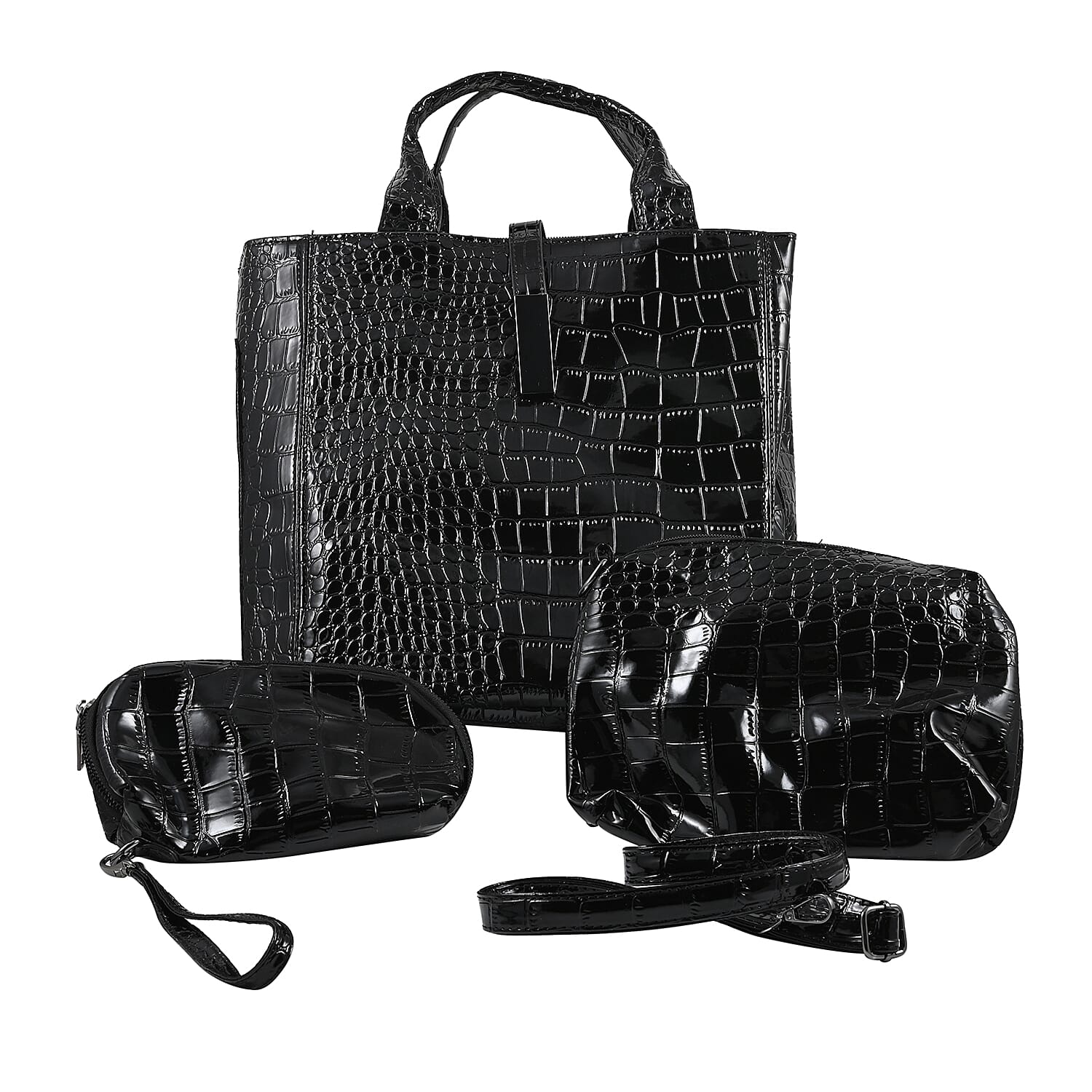 HARPER AND HYDE Designer Closeout Set of 3 Black Croco Embossed Vegan Leather Tote, Crossbody Bag and Wristlet