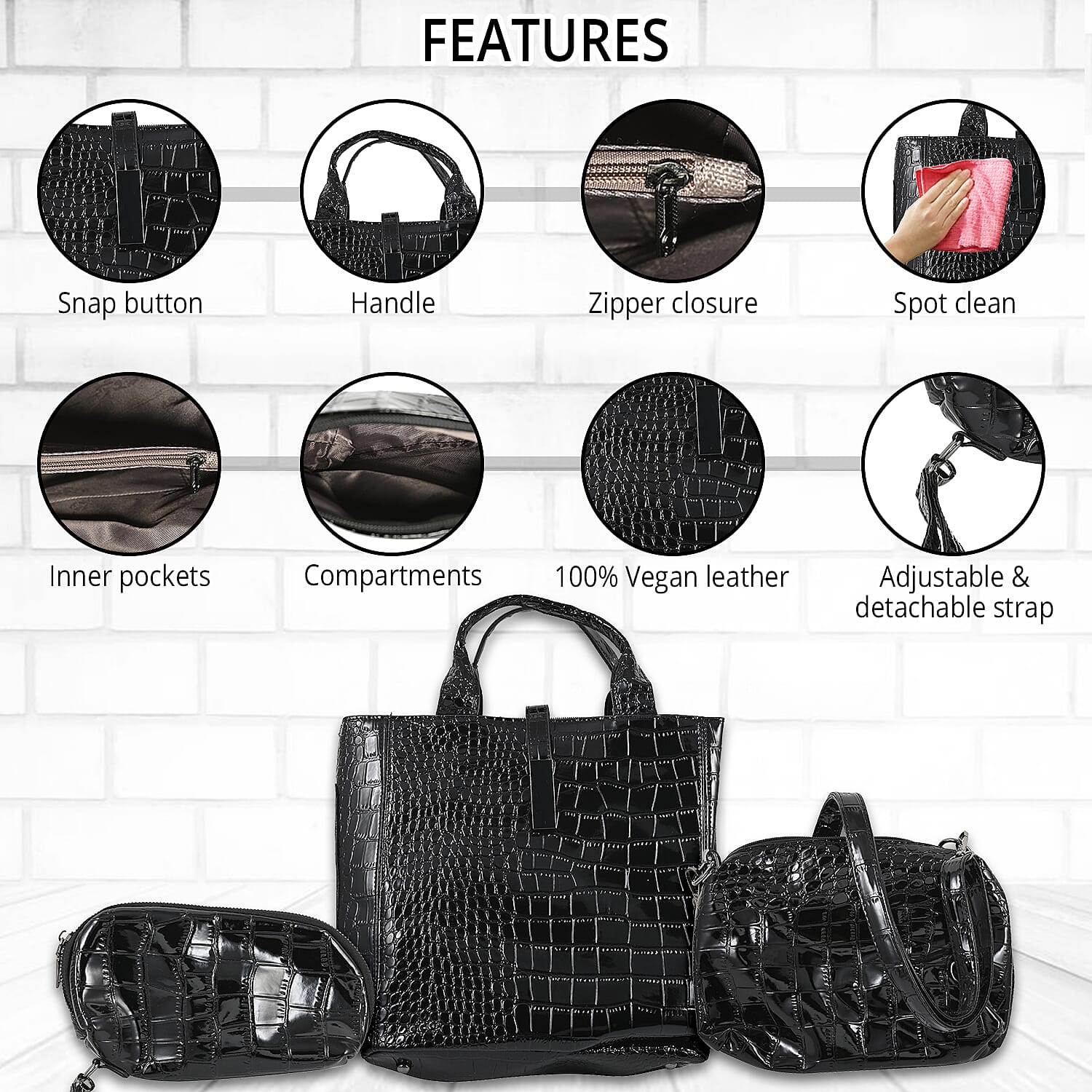 HARPER AND HYDE Designer Closeout Set of 3 Black Croco Embossed Vegan Leather Tote, Crossbody Bag and Wristlet