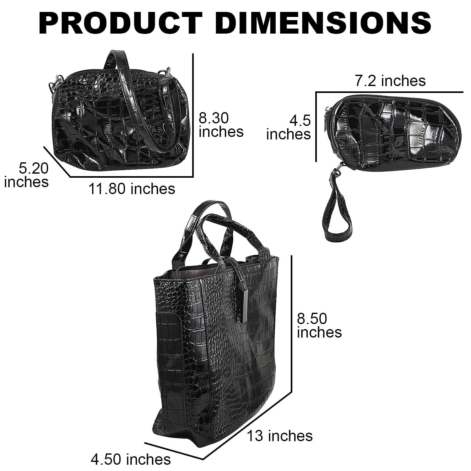 HARPER AND HYDE Designer Closeout Set of 3 Black Croco Embossed Vegan Leather Tote, Crossbody Bag and Wristlet