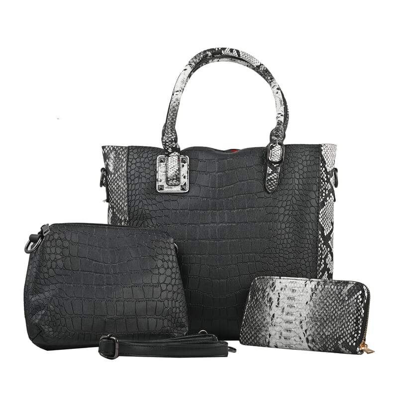 HARPER AND HYDE Designer Closeout Set of 3 Black Croco mix snake Embossed Vegan Leather Tote, Crossbody Bag and Wallet