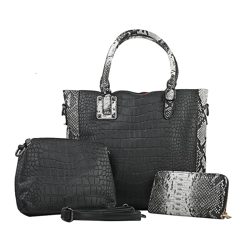 HARPER AND HYDE Designer Closeout Set of 3 Black Croco mix snake Embossed Vegan Leather Tote, Crossbody Bag and Wallet