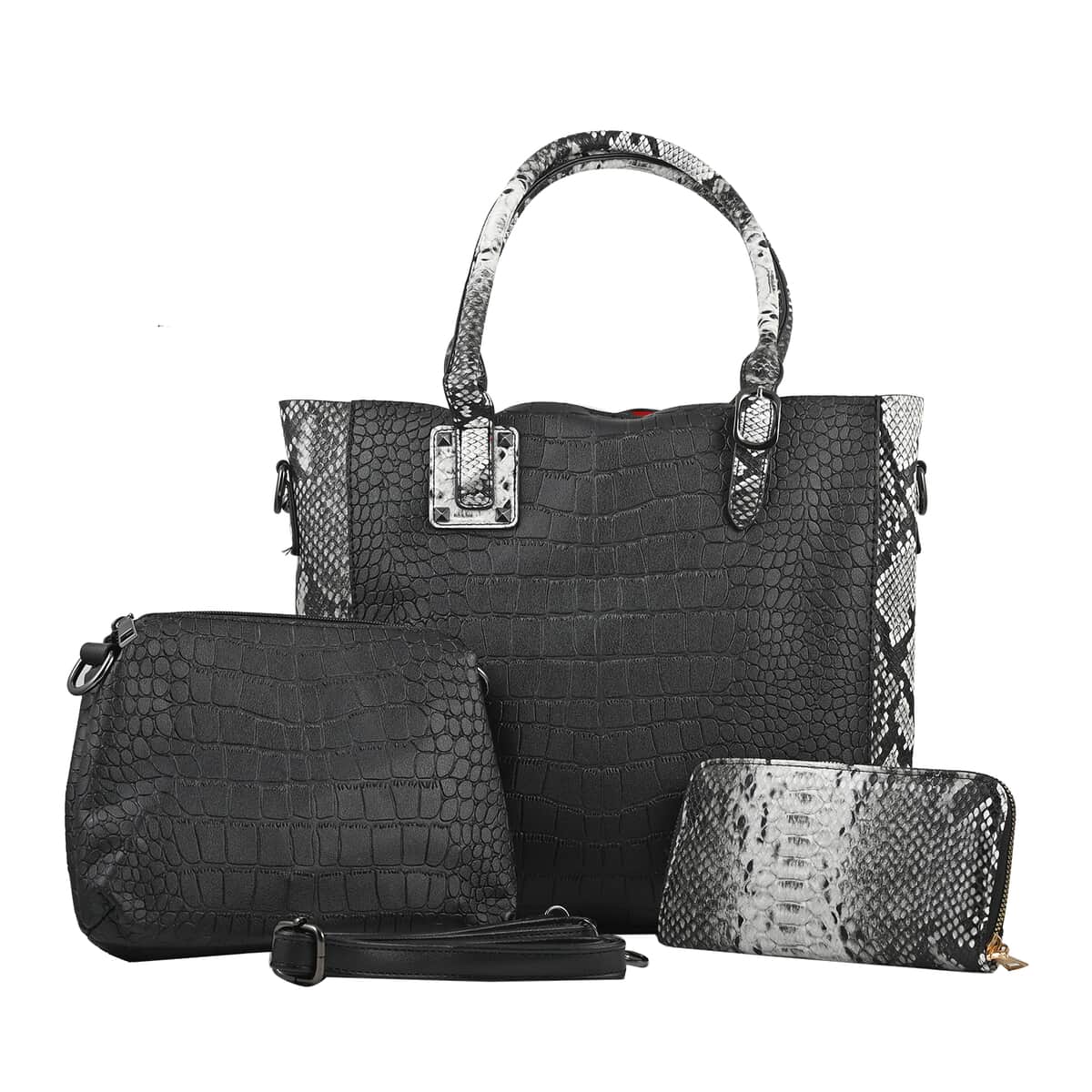 HARPER AND HYPE Designer Closeout Set of 3 Black Croco mix snake Embossed Vegan Leather Tote, Crossbody Bag and Wallet image number 0