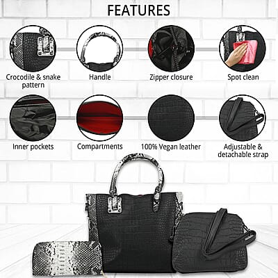 HARPER AND HYDE Designer Closeout Set of 3 Black Croco mix snake Embossed Vegan Leather Tote, Crossbody Bag and Wallet