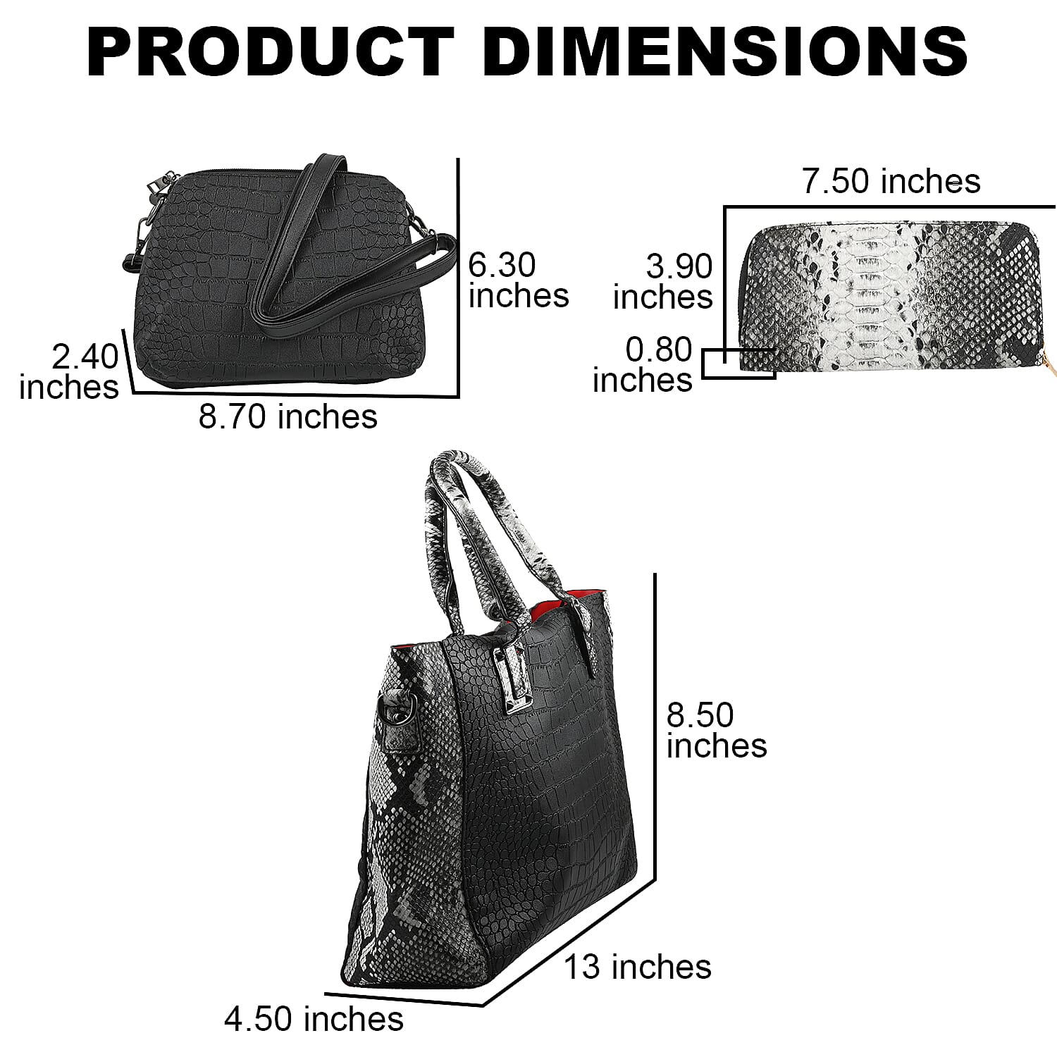 HARPER AND HYDE Designer Closeout Set of 3 Black Croco mix snake Embossed Vegan Leather Tote, Crossbody Bag and Wallet