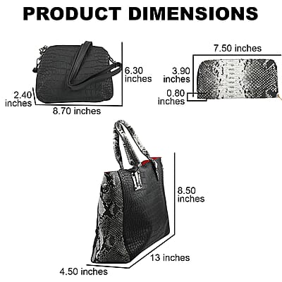 HARPER AND HYDE Designer Closeout Set of 3 Black Croco mix snake Embossed Vegan Leather Tote, Crossbody Bag and Wallet