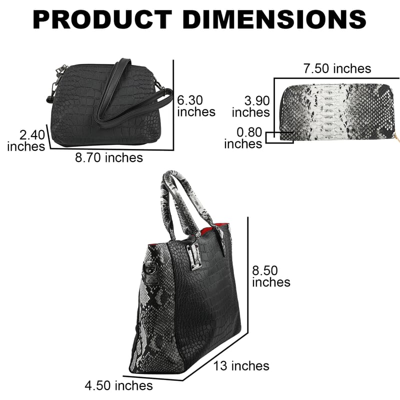 HARPER AND HYDE Designer Closeout Set of 3 Black Croco mix snake Embossed Vegan Leather Tote, Crossbody Bag and Wallet