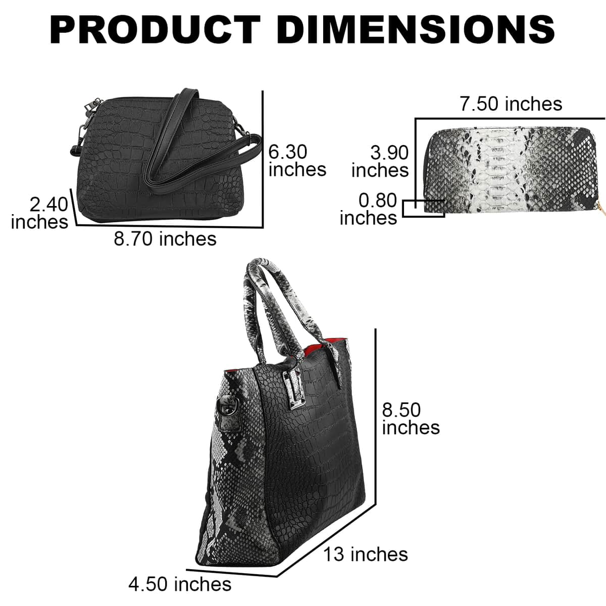 HARPER AND HYPE Designer Closeout Set of 3 Black Croco mix snake Embossed Vegan Leather Tote, Crossbody Bag and Wallet image number 2