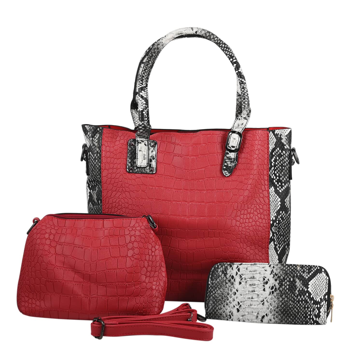 HARPER AND HYDE Designer Closeout Set of 3 Wine Croco mix snake Embossed  Vegan Leather Tote, Crossbody Bag and Wallet