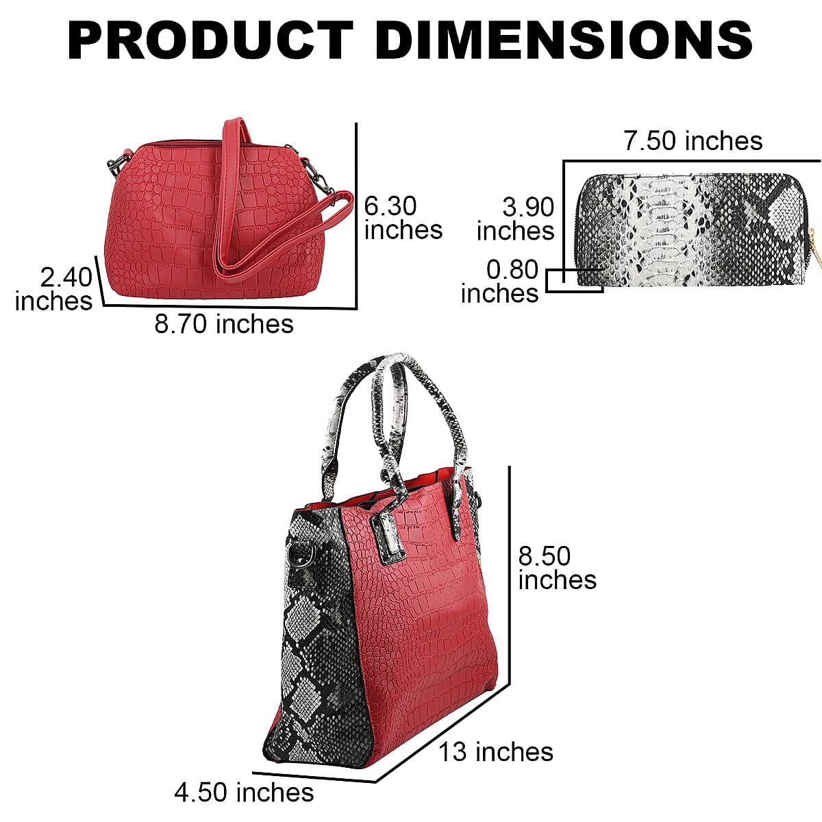 HARPER AND HYDE Designer Closeout Set of 3 Wine Croco mix snake Embossed Vegan Leather Tote, Crossbody Bag and Wallet image number 2