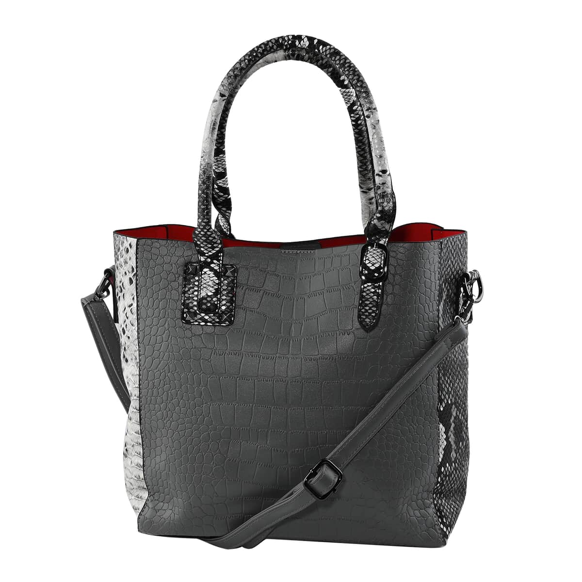 HARPER AND HYDE Designer Closeout Set of 3 Gray Croco mix snake Embossed Vegan Leather Tote, Crossbody Bag and Wallet image number 1