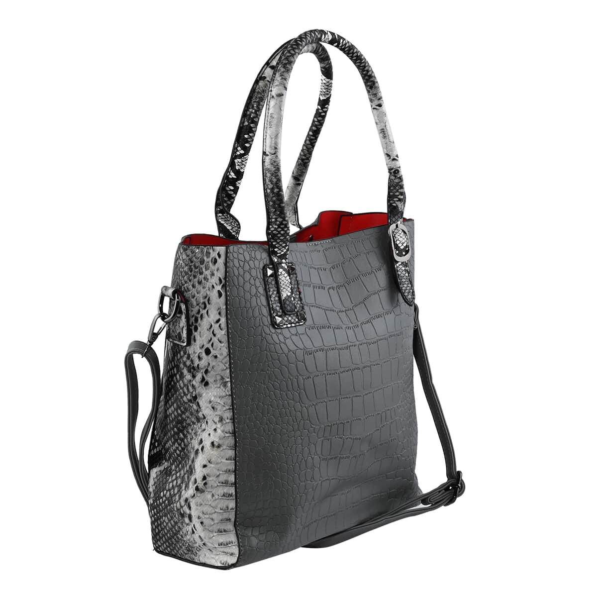 HARPER AND HYDE Designer Closeout Set of 3 Gray Croco mix snake Embossed Vegan Leather Tote, Crossbody Bag and Wallet image number 2