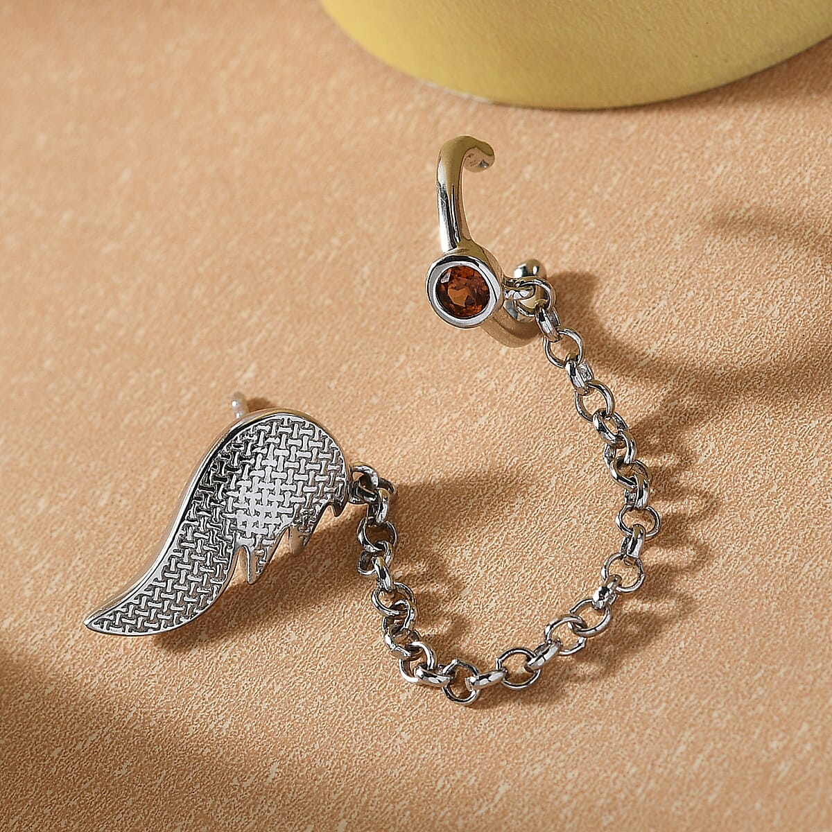 Ratnapura Hessonite Garnet Feather Earrings with Chain Ear Cuff in Platinum Over Sterling Silver 0.15 ctw image number 1