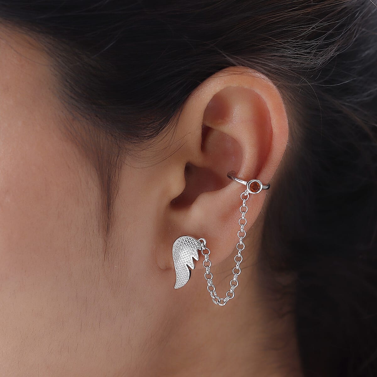 Ratnapura Hessonite Garnet Feather Earrings with Chain Ear Cuff in Platinum Over Sterling Silver 0.15 ctw image number 2