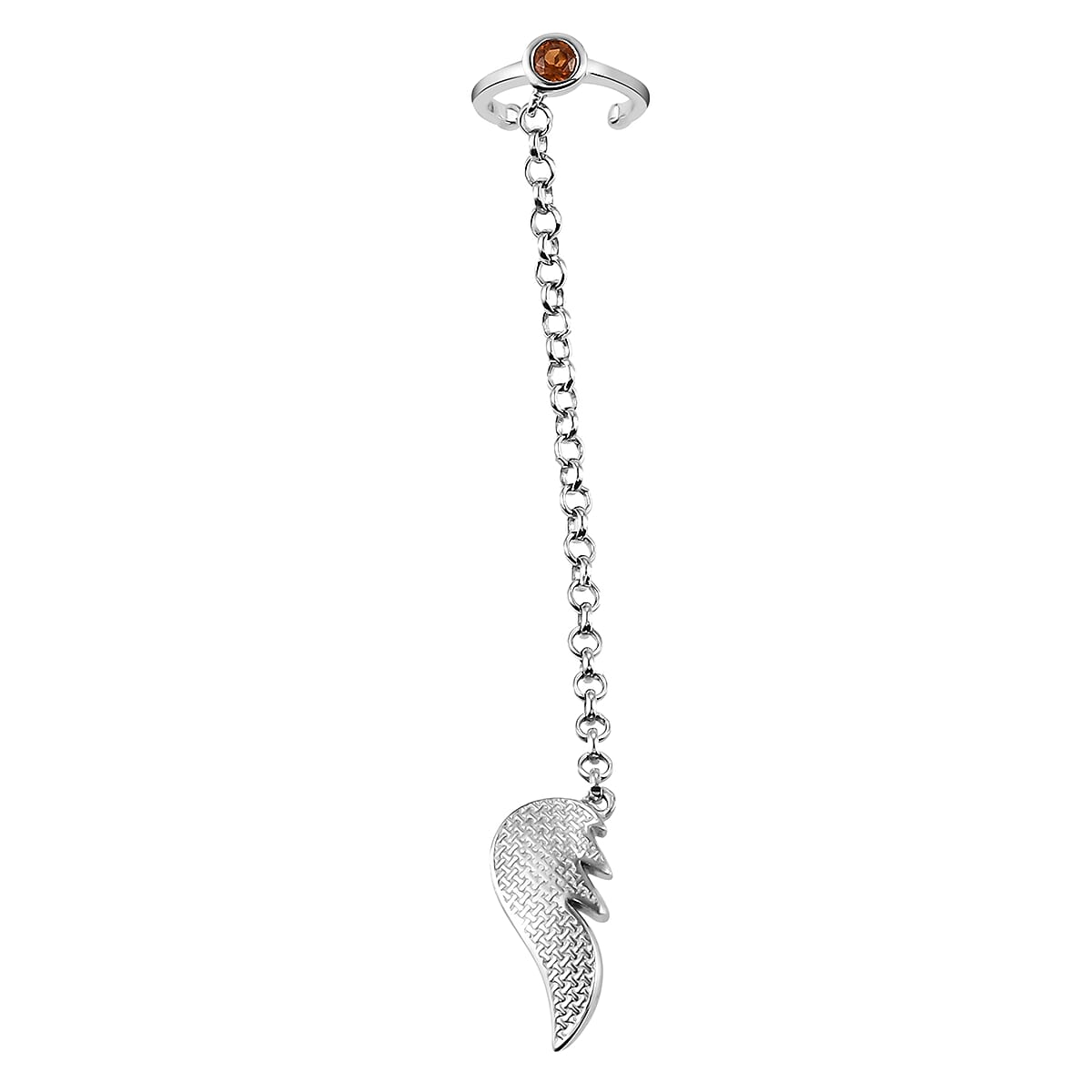 Ratnapura Hessonite Garnet Feather Earrings with Chain Ear Cuff in Platinum Over Sterling Silver 0.15 ctw image number 3