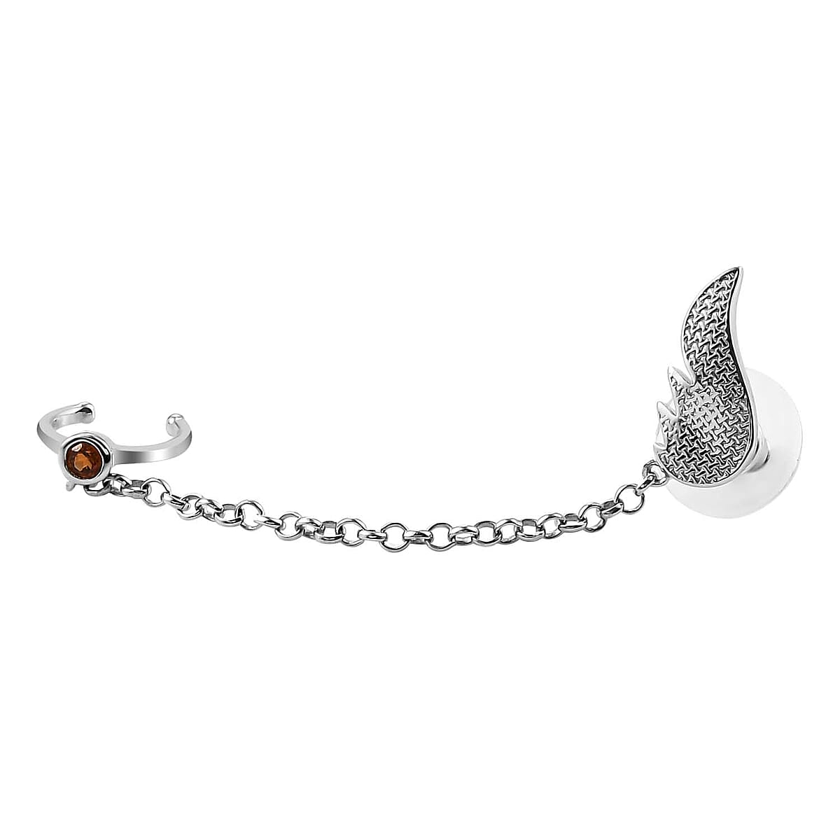 Ratnapura Hessonite Garnet Feather Earrings with Chain Ear Cuff in Platinum Over Sterling Silver 0.15 ctw image number 4