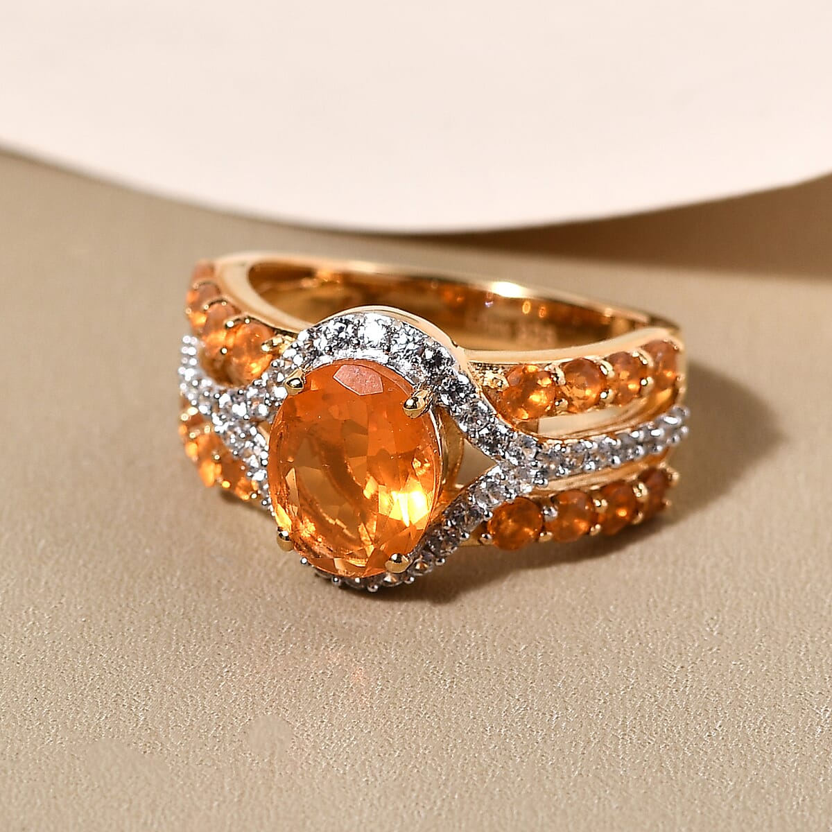 Mexican Fire Opal and White Zircon Ring in Vermeil Yellow Gold Over Sterling Silver (Size 9.0) 2.35 ctw image number 1