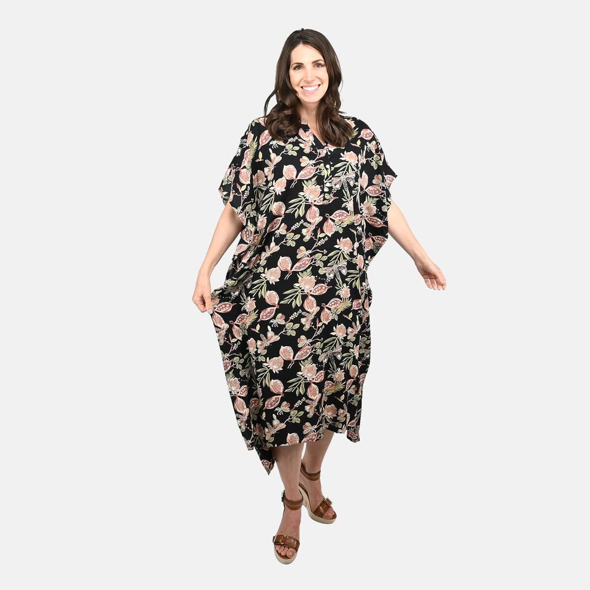 Tamsy Black Dragonfly Midi Kaftan - One Size Fits Most image number 0