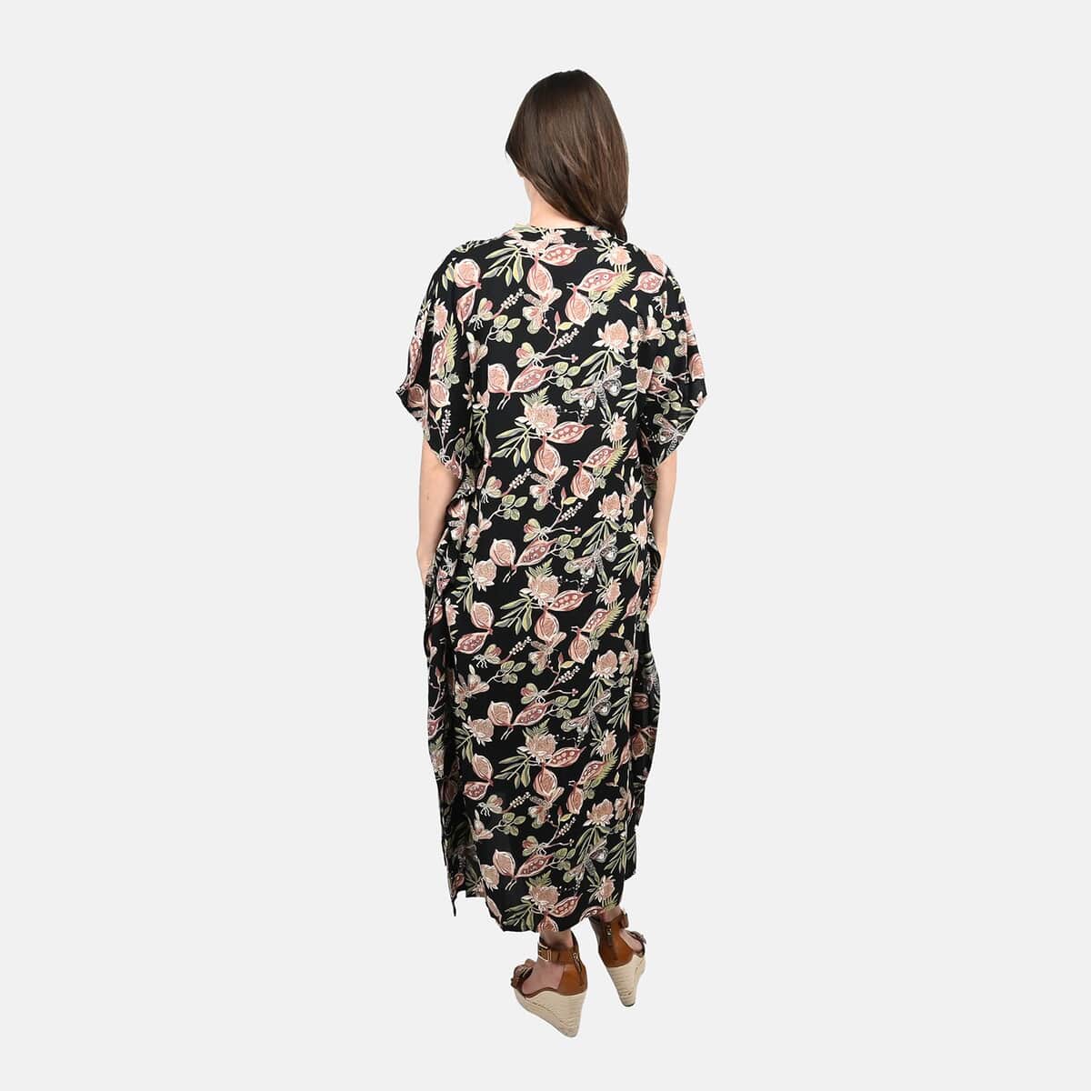 Tamsy Black Dragonfly Midi Kaftan - One Size Fits Most image number 1