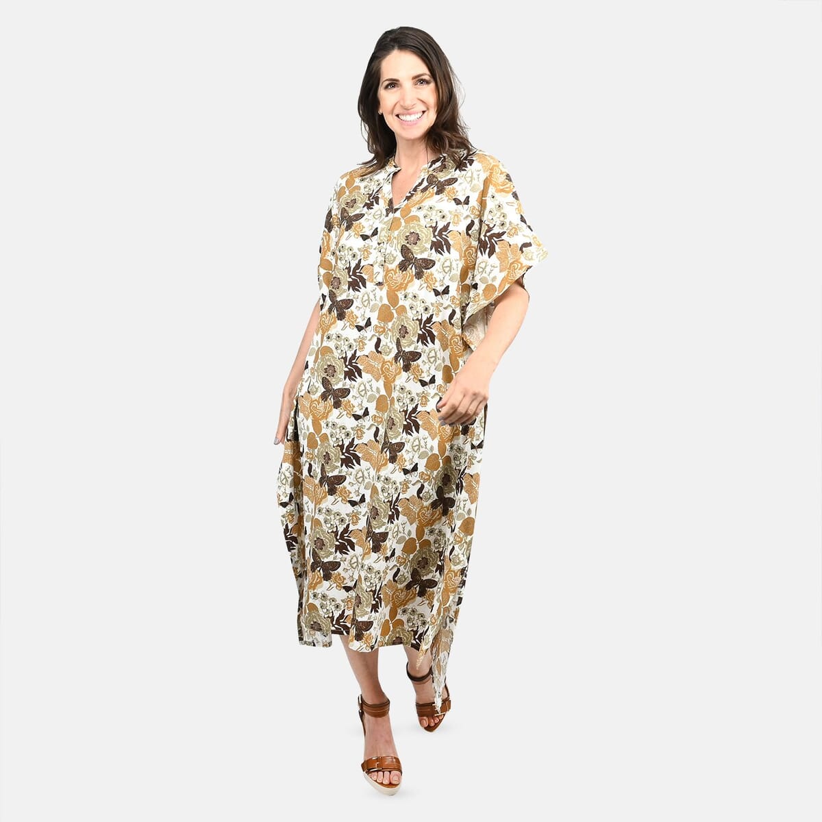 Tamsy White Butterfly Midi Kaftan - One Size Fits Most image number 0