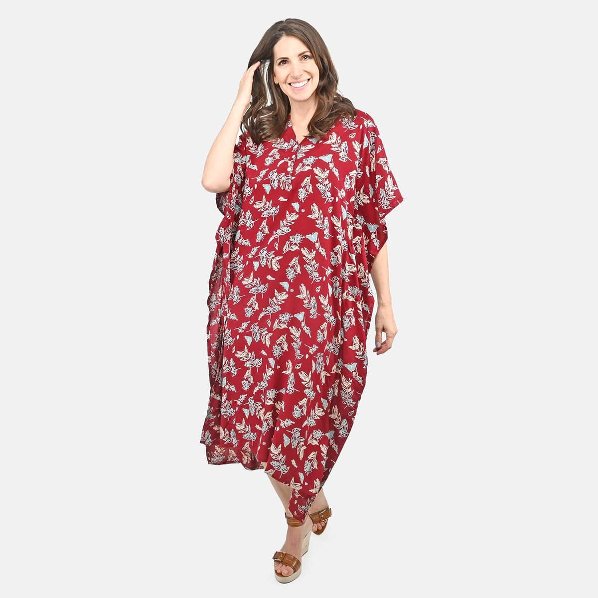 Tamsy Maroon Butterfly Midi Kaftan - One Size Fits Most image number 0