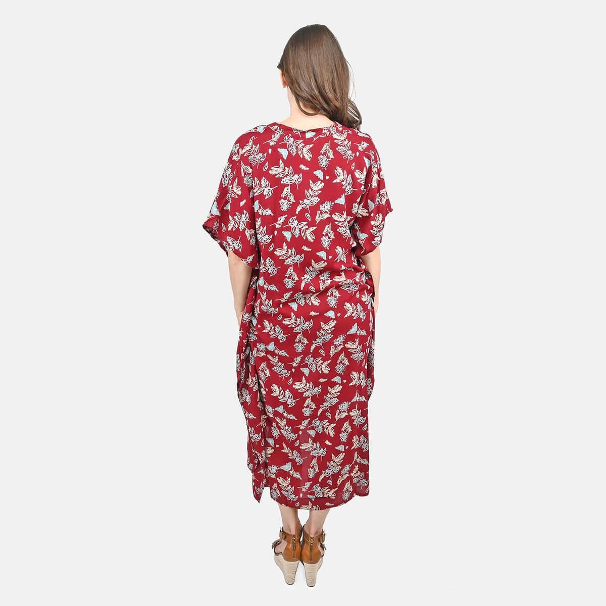 Tamsy Maroon Butterfly Midi Kaftan - One Size Fits Most image number 1